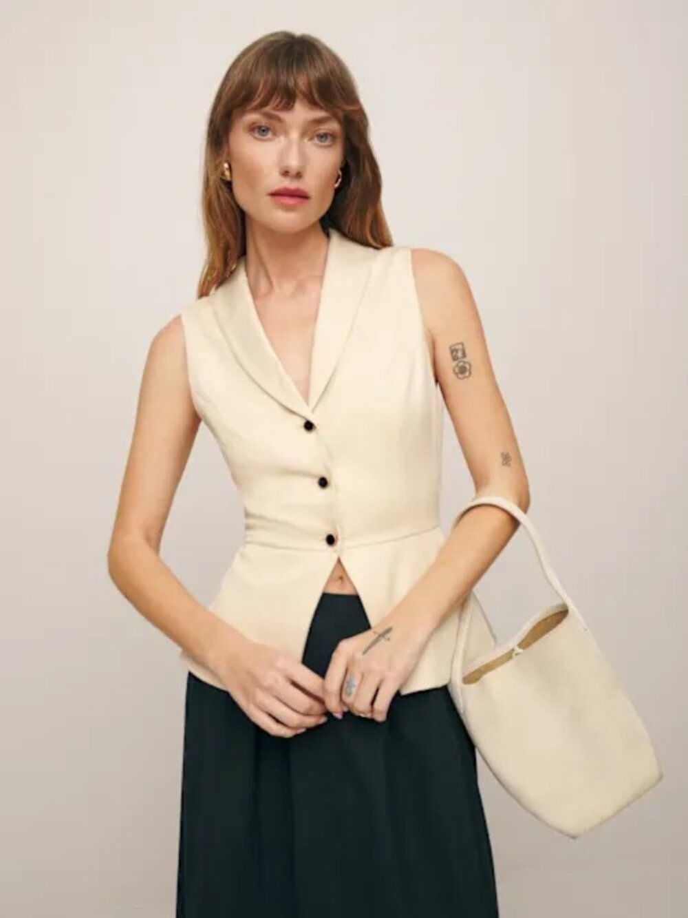 Reformation Cream Sleeveless Blazer Vest Shawl Collar Oakley Vest
